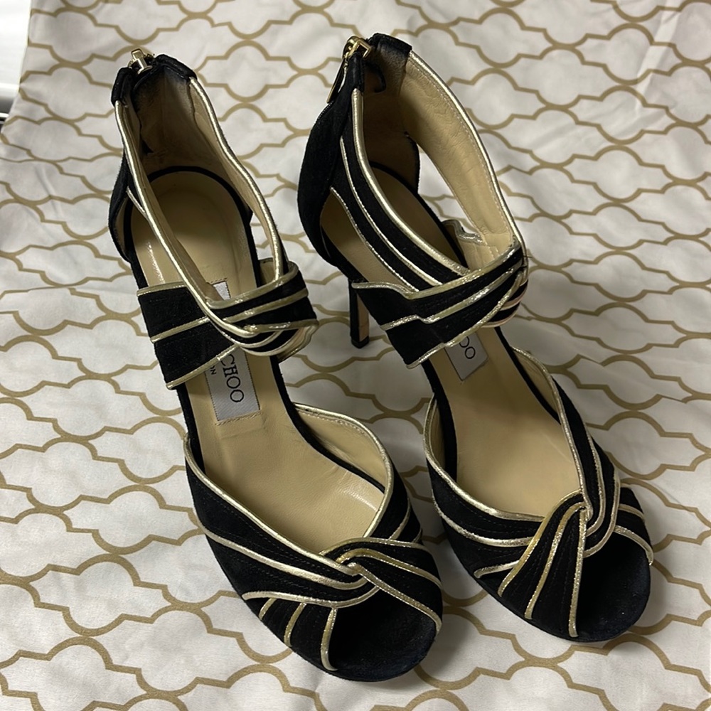 Jimmy Choo Black and Gold Suede Stiletto’s